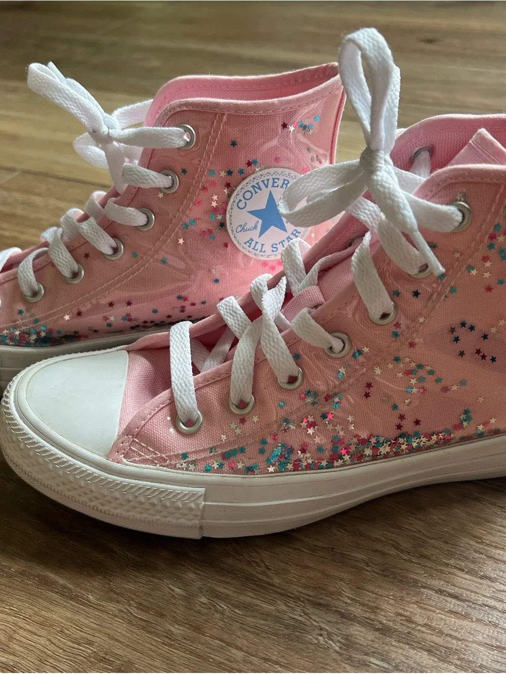 Converse Pink with Star Glitter Confetti High Top Sneakers big girls size 3.5